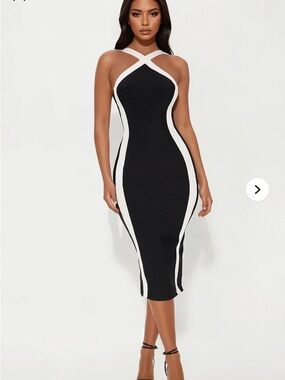 Fashion Nova Black and White Cross-Neck Midi Dress